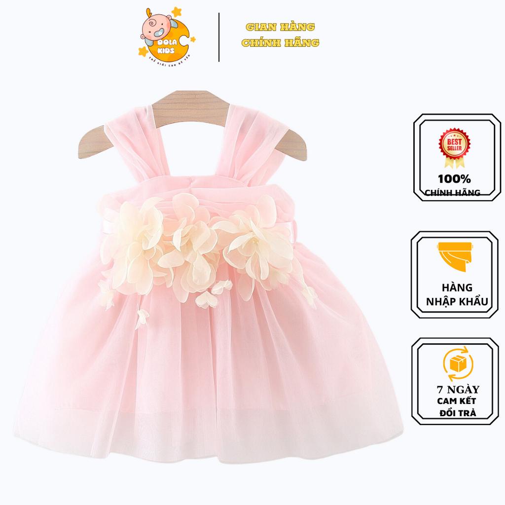 Váy công chúa bé gái xinh với thiết kế dây sành điệu kèm họa tiết bông hoa, váy đầm cho bé gái từ 8-18kg V01
