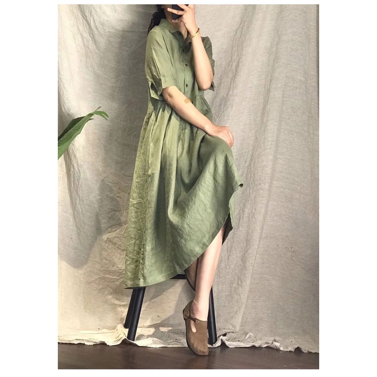 Váy linen dáng suông cổ sơ mi tay lỡ đủ size từ  45-75kg