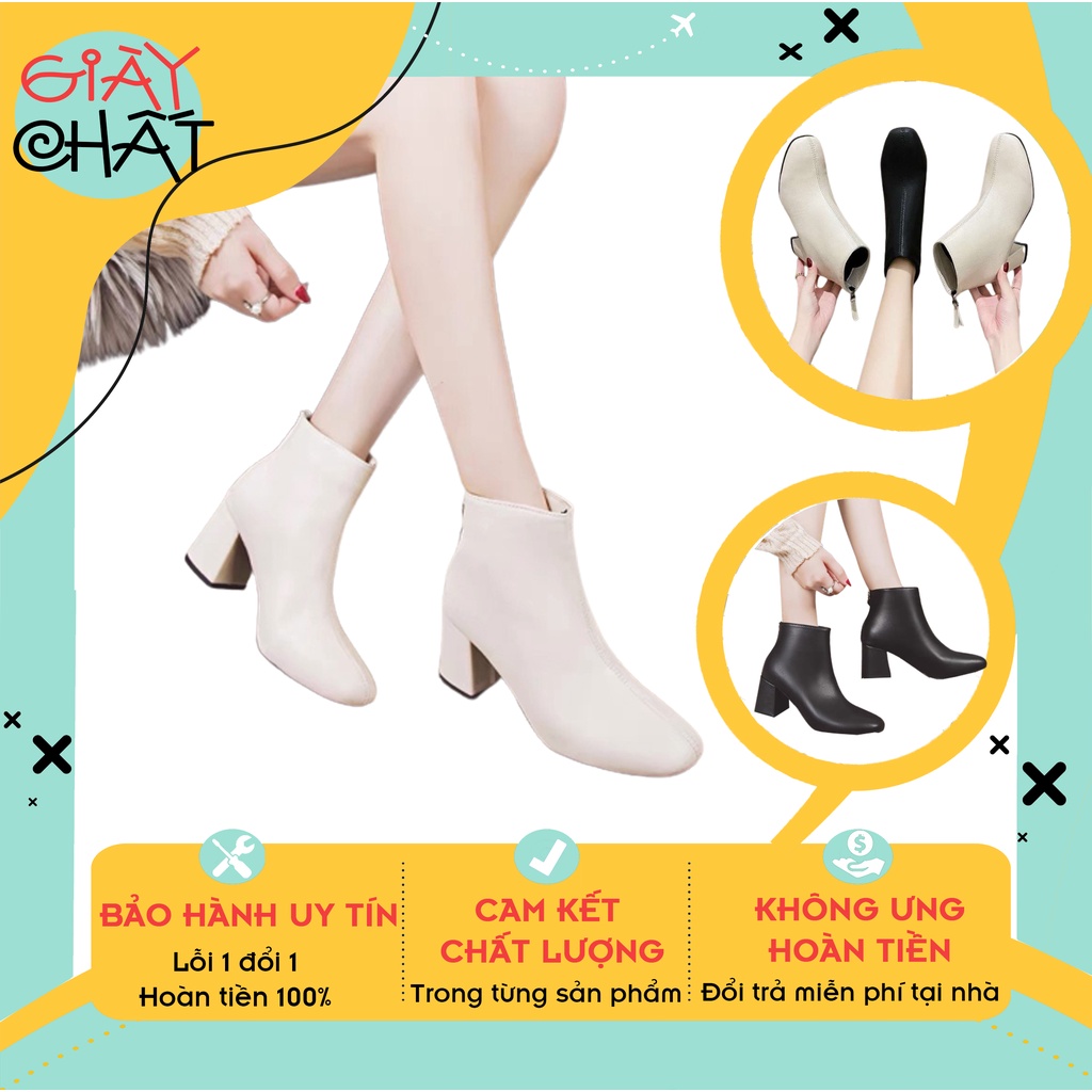 Bốt nữ cổ lửng chất da, Giày Boot Nữ Công Sở Gót Vuông Khóa Sau Da Sần và Da Lì (Dây dài)