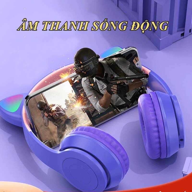 Tai Nghe Mèo P47M. Mz47 Bluetooth Chụp Tai , Headphone P47m Dễ Thương Có Mic,Âm Bass Mạnh Mẽ Dung Lượng Pin Trâu