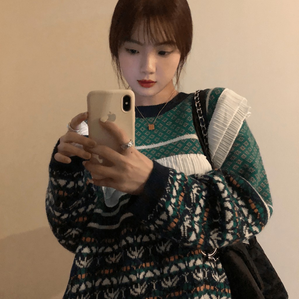 Áo Len Thổ Cẩm Xanh Lá Áo Len Cổ Tròn Bèo Vuông Mix Màu Cực Cute