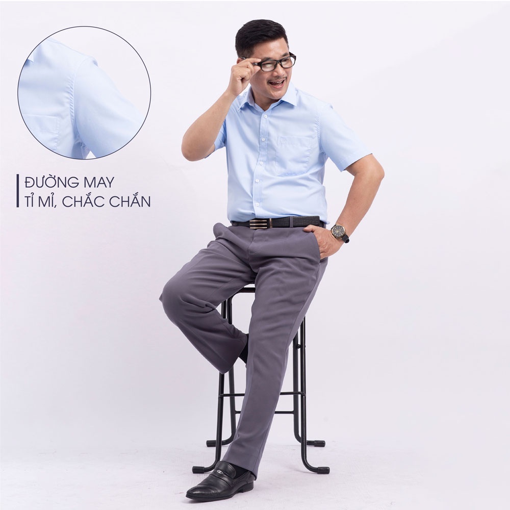 Áo Sơ Mi Nam Ngắn Tay Trung Niên ANCHI Classic Cotton Trơn Màu Xanh Nhạt Cao Cấp