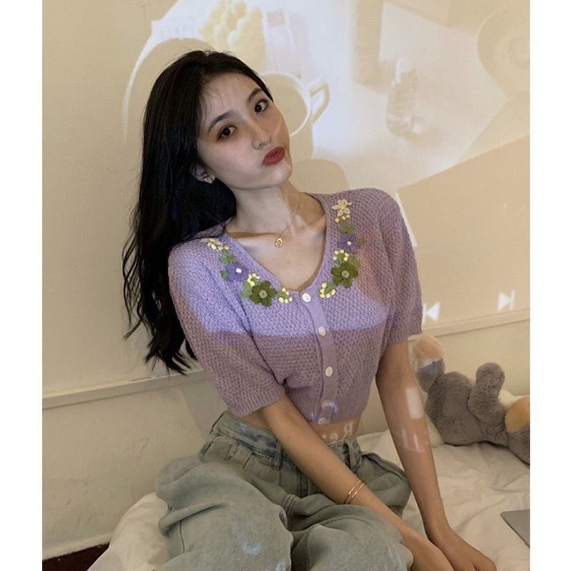Áo Len Croptop Thêu Hoa, Áo Len Cọc Ngắn Tay Thời Trang Điệu Đà Nữ Tính Cho Chị Em | BigBuy360 - bigbuy360.vn