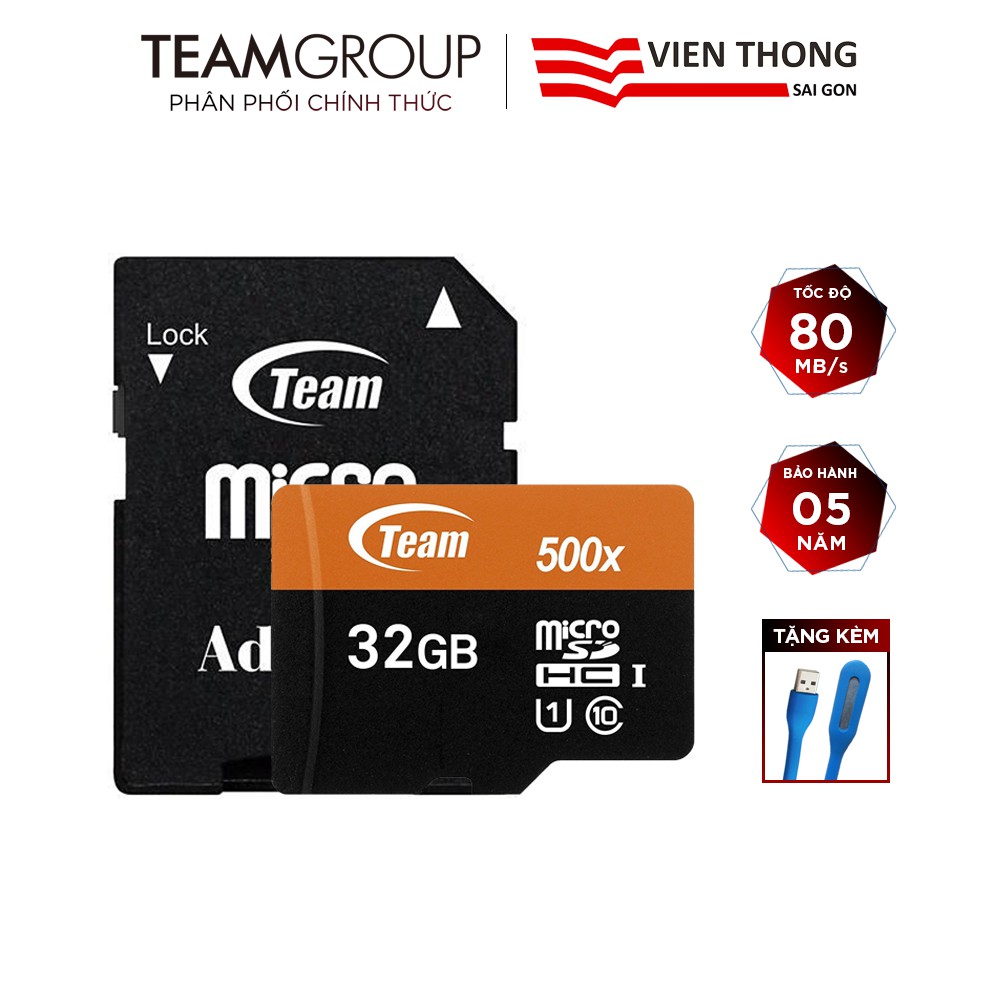 Thẻ nhớ microSDHC Team 32GB 500x upto 100MB/s class 10 U1 kèm Adapter (Cam) tặng đèn LED cổng USB