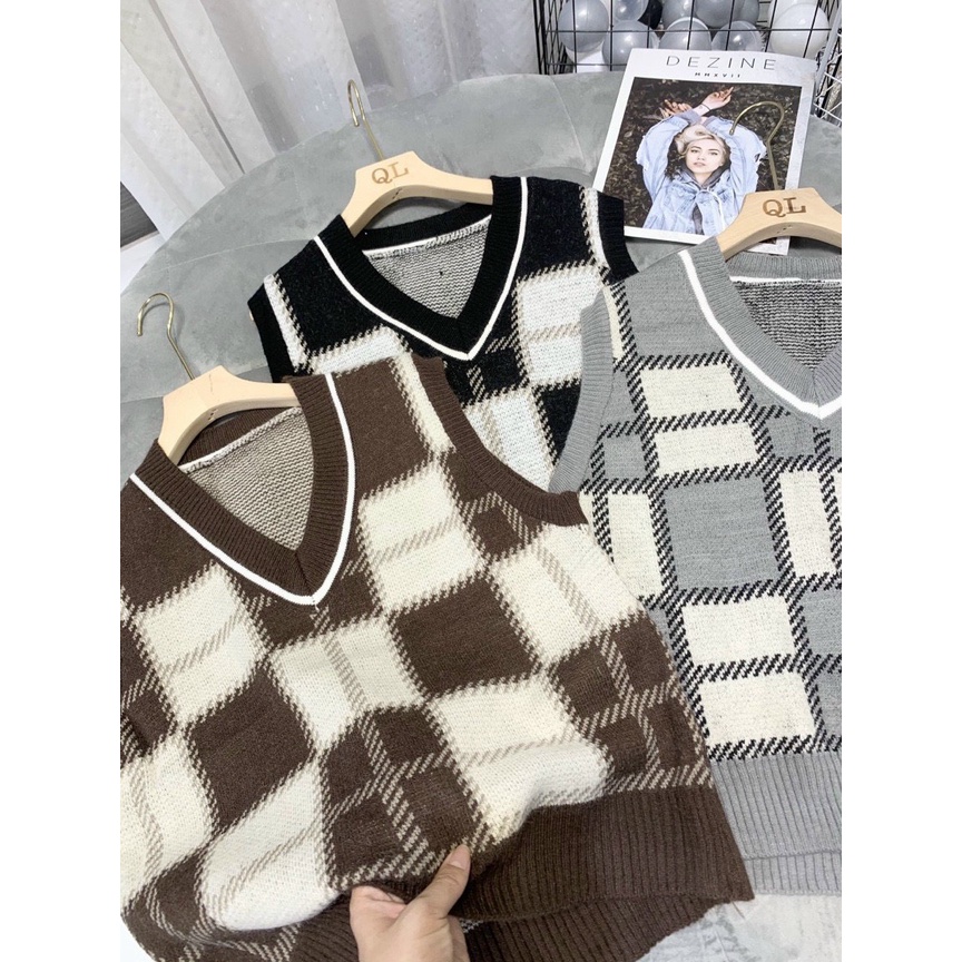 Áo gile hoạ tiết ô vuông áo len thổ cẩm chất đẹp Lizhouse