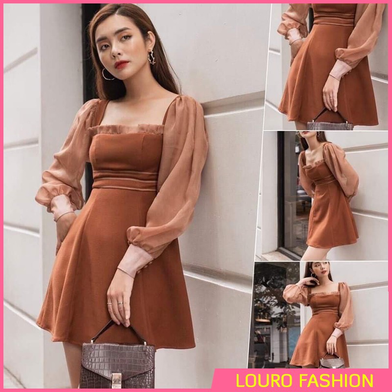 Váy đầm cổ vuông tay phồng, mẫu đầm nữ đầm dáng xòe tay phồng nữ đẹp, tôn dáng tôn da