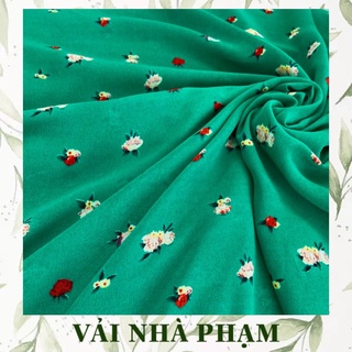 Voan lụa hoạ tiết hoa nhí nền xanh lá - khổ vải 1.5m - vải nhà phạm
