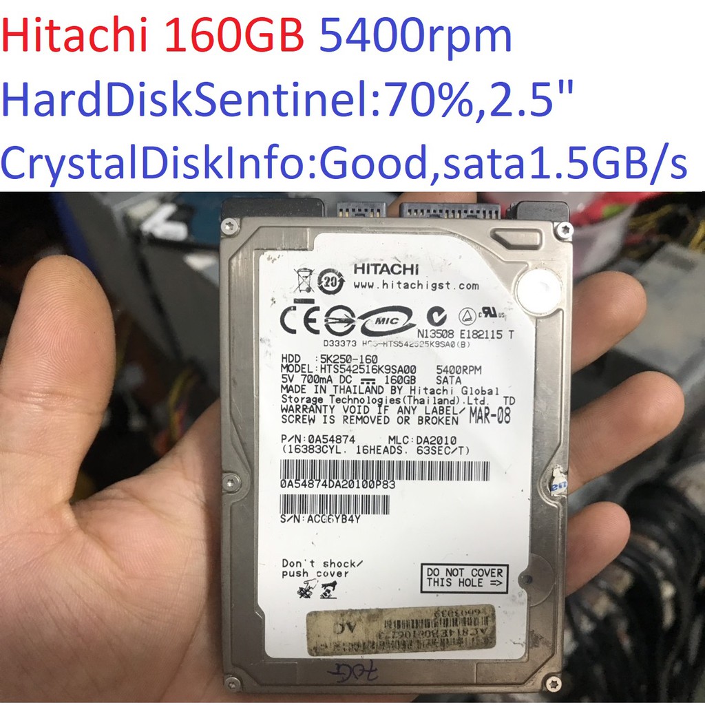 ổ cứng cho laptop Hitachi Travelstar 160GB 5400RPM sata 1 1.5 GB/s 2.5 &quot; inch 9mm hdd 70% Good HTS542516K9SA00