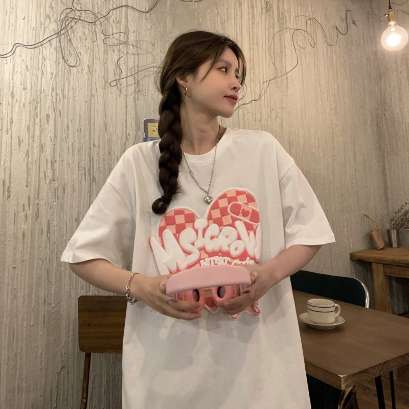 Áo Thun Ngắn Tay In Hình Trái Tim Dễ Thương Phong Cách Retro Hợp Mùa Hè