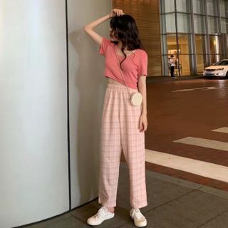 Quần kẻ caro màu hồng phong cách ulzzang