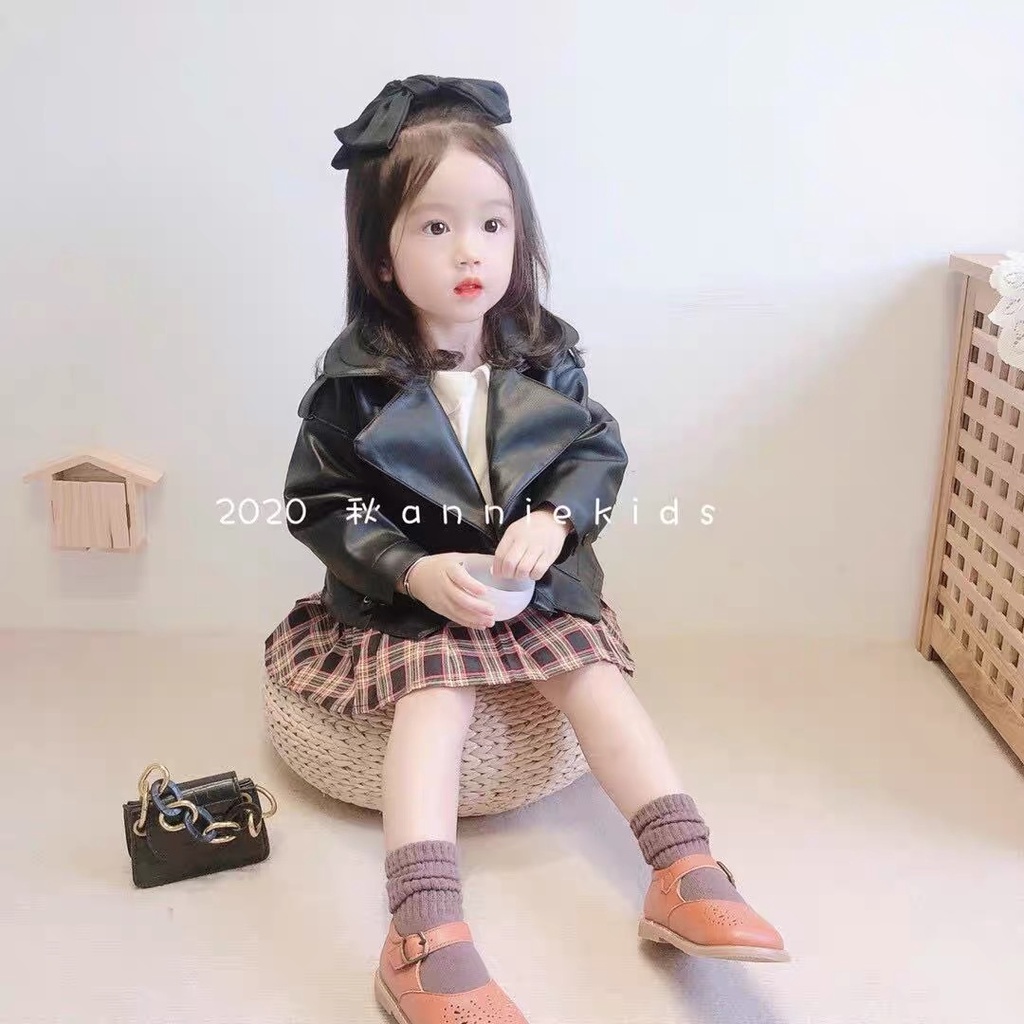 [Cool Girl] Set Chân Váy Kẻ Kèm Áo Khoác Da Milky Mom Cực Cool Ngầu Cho Bé Gái