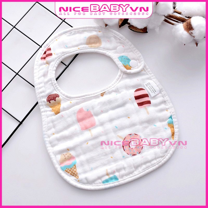 Yếm Vải Xô Vuông 6 Lớp Cúc Bấm Nền Trắng Cho Bé Ăn Dặm Siêu Thấm Hút Mềm Mại NiceBabyVn