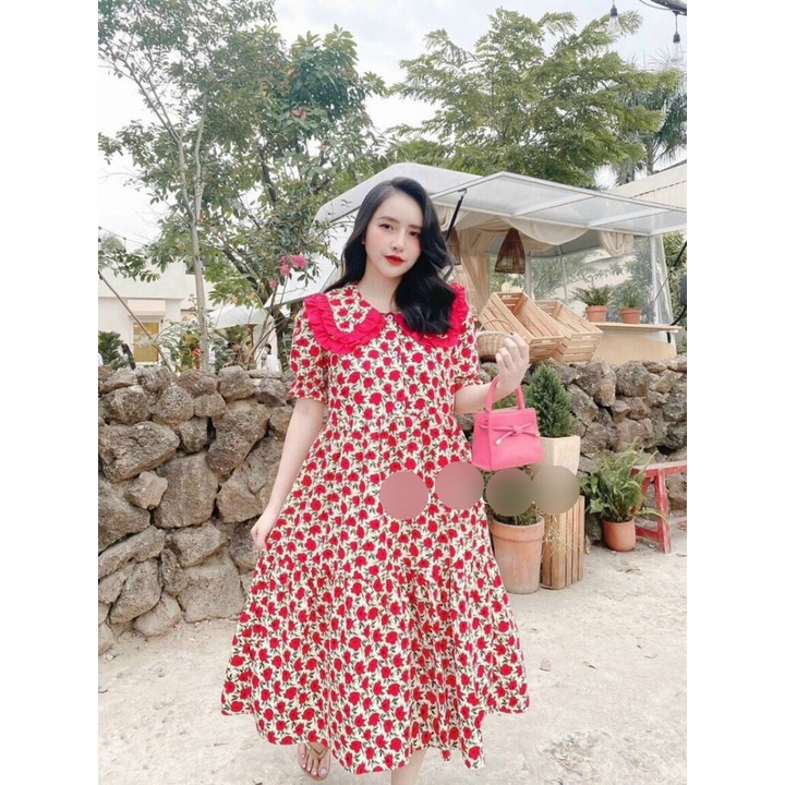 Váy đầm bầu dưới 65kg mặc mùa hè dáng baby doll cổ sen Linhnastore