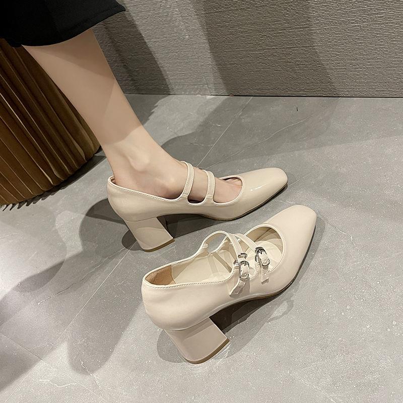 Giày Cao Gót 2022 Bằng Da Gót Dày Cài Khóa Kiểu Retro Thời Trang Xuân Thu Cho Nữ