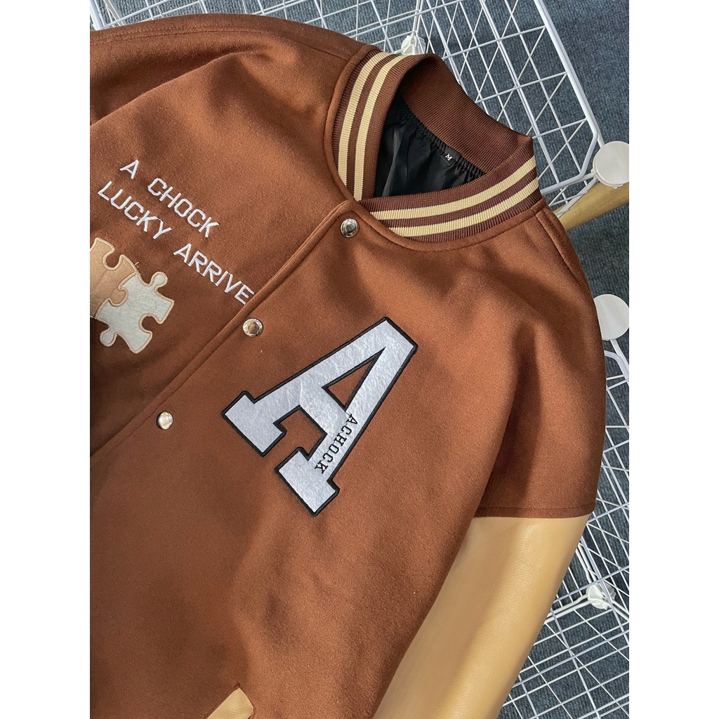 Áo khoác bomber jacket nam nữ phối Nâu tay da Boin shop thêu Lucky 2 lớp, chất nỉ bông siêu đẹp Phong cách ulzzang hàn