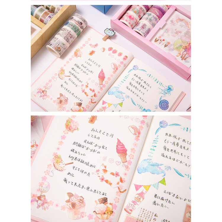 Taeyang369hz Set 10 Cuộn Băng Dính Washi Tape + 10 Tấm Sticker Trang Trí Sổ Tay Planner Bullet Journal Scrapbook M03