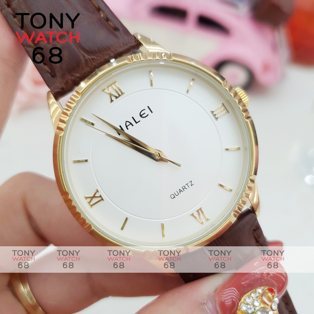 Đồng hồ nam Halei dây da nâu viền mạ vàng chống nước tuyệt đối chính hãng Tony Watch 68