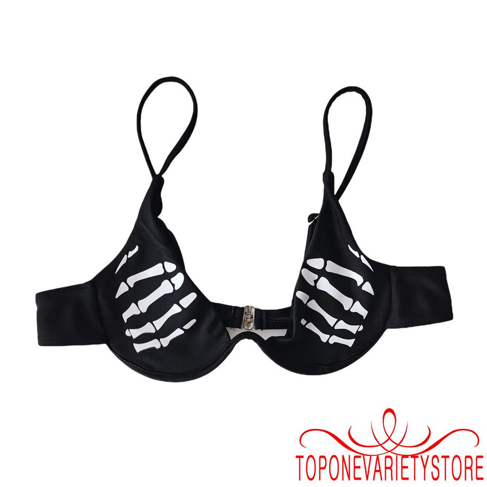 Bộ đồ bơi hai mảnh cổ chữ V khoét sâu in họa tiết đầu lâu có độn co giãn cho nữ