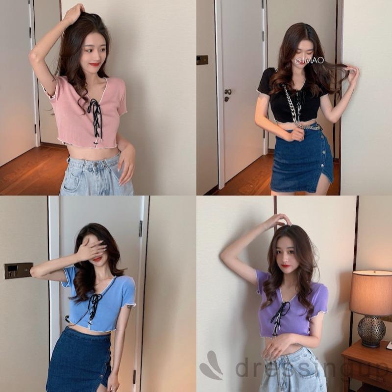 [Mã FAMAYWA giảm 10K đơn 50K] Áo Croptop Tay Ngắn Cổ Chữ V Thiết Kế Cột Dây Quyến Rũ Cho Nữ | BigBuy360 - bigbuy360.vn