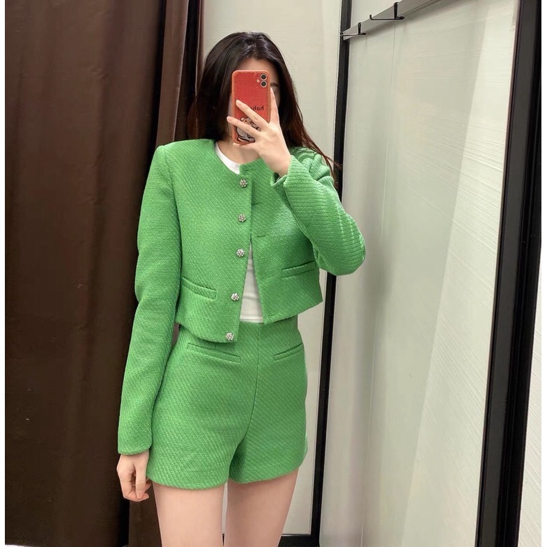 SET ÁO DẠ TWEED ZARA + QUẦN TWEED LƯNG CAO MÀU XANH CỰC HOT