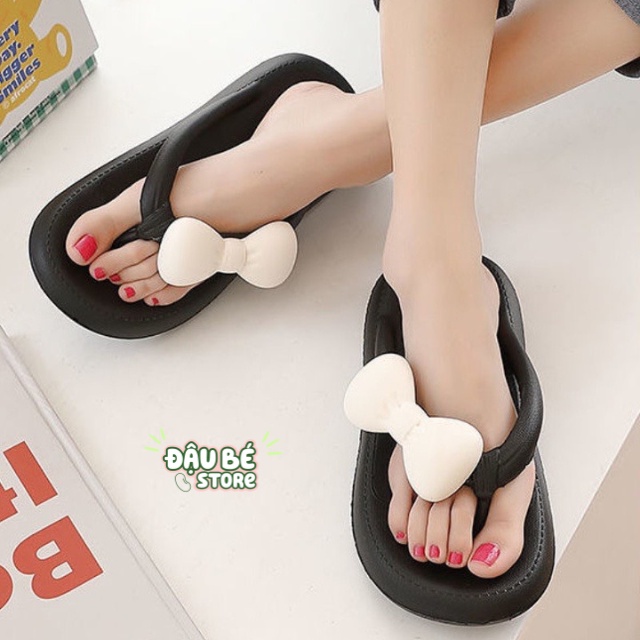 Dép Tông Kẹp Đế Bằng Đi Biển Đính Nơ Dễ Thương Ulzzang - Dép Xỏ Ngón Form To Chống Trơn Trượt Cho Nữ - Đậu Bé - D037