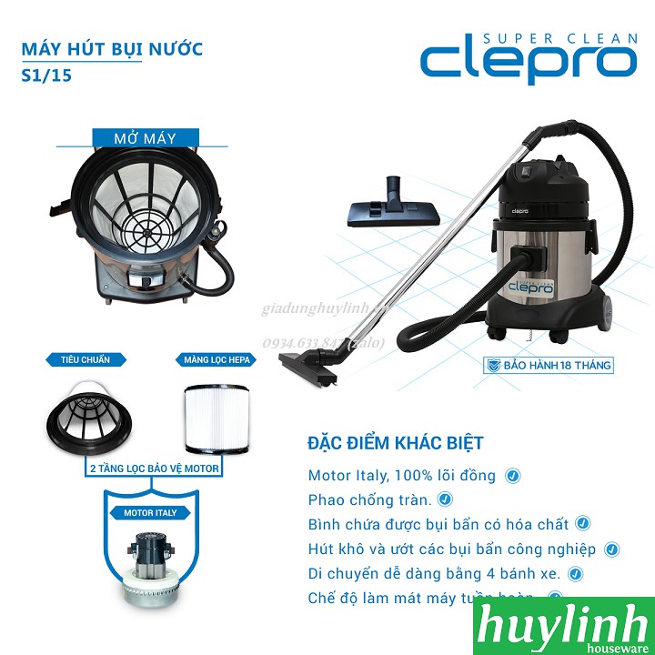 Máy hút bụi công nghiệp khô và ướt Clepro S1/15 - 15 lít