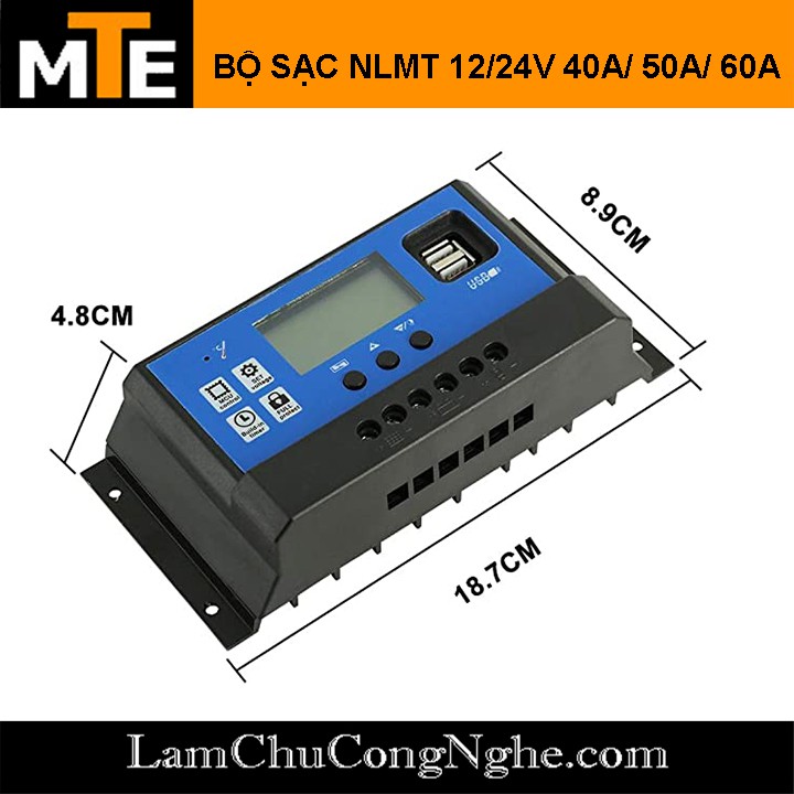 Bộ điều khiển sạc acquy từ năng lượng mặt trời NLMT tự động 12V 24V 10-40A có hiển thị LCD + sạc điện thoại từ USB
