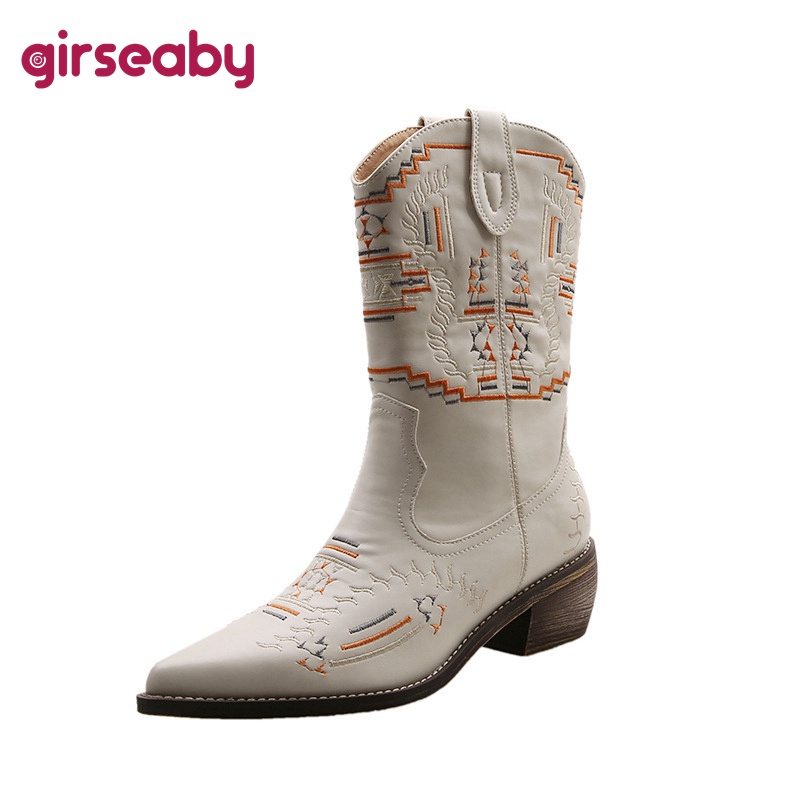 ♤✘Giày Bốt Cao Gót Cổ Ngắn Phong Cách Cao Bồi Phương Tây Size Lớn 35 42 F1468 Cho Nữ