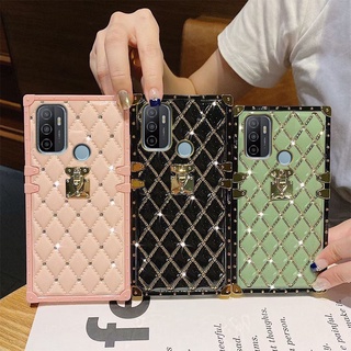 Ốp điện thoại vuông bọc da đính đá lấp lánh sang trọng thích hợp cho OPPO A53 A54 A16 A15 A15s
