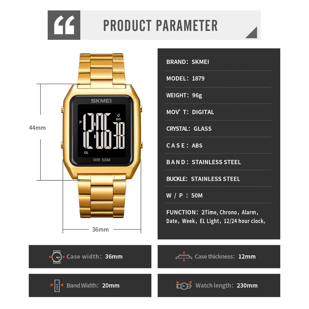 Đồng Hồ Điện Tử SKMEI 1879 Mặt Vuông Có Đèn LED Chống Nước Đa Năng Cho Nam