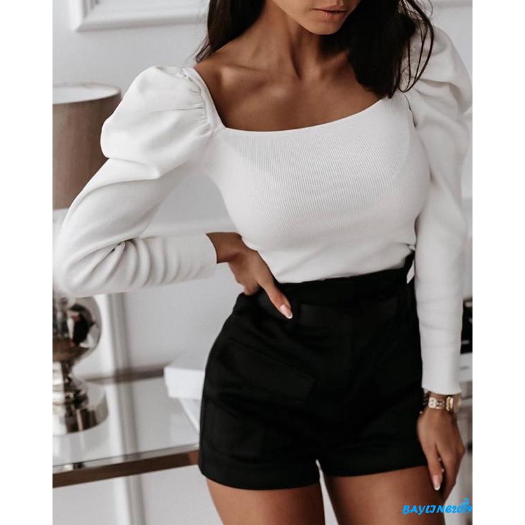 Áo Kiểu Dệt Kim Nữ Tay Dài Màu Trơn Thời Trang