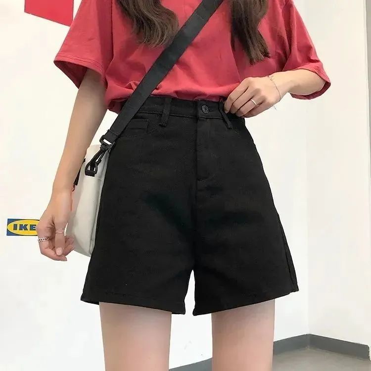 Quần short denim COZOKC lưng cao ống rộng kiểu Hàn Quốc cổ điển dễ phối đồ