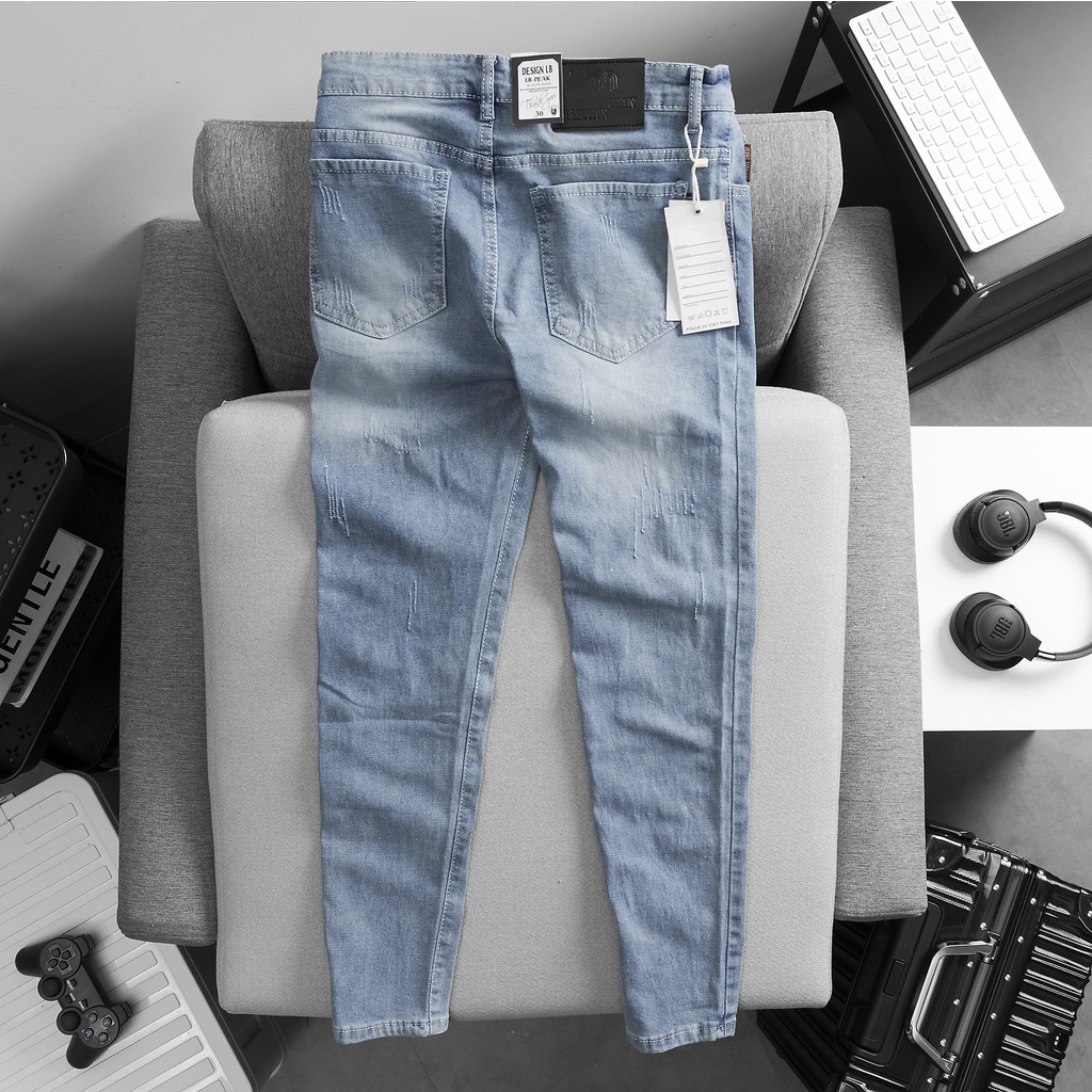 Quần Jean Nam Màu Xanh Xước Nhẹ Thiết Kế Trẻ Trung, Quần Jean Nam Hàn Quốc Cá Tính, Quần Bò Nam Chất Vải Denim Co Dãn