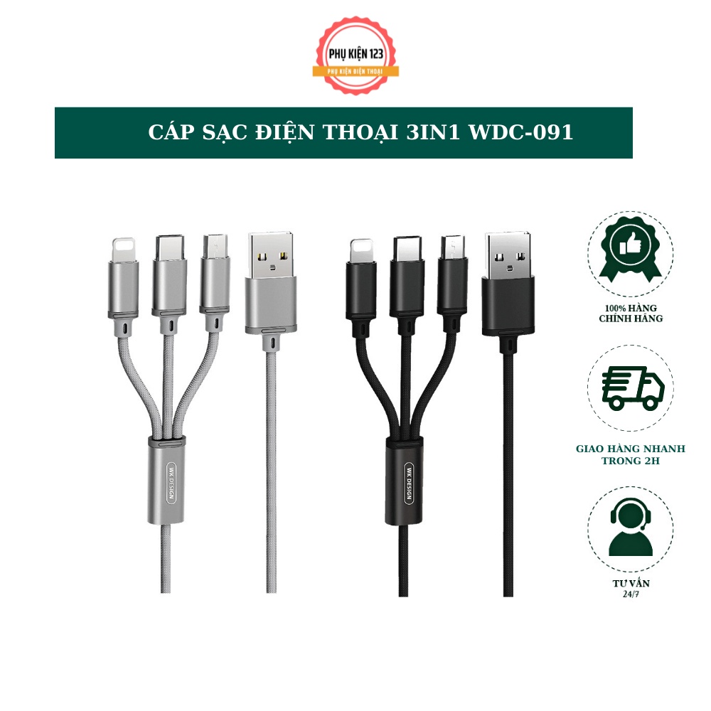 Dây cáp sạc 3in1 đa năng Wekome WDC-091 dây dù cao cấp tương thích mọi thiết bị