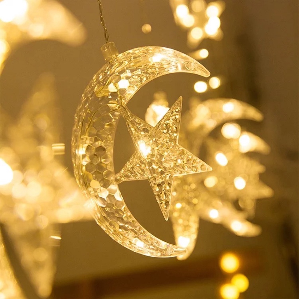 (Dùng Điện) Bộ Đèn Led Rèm Trang Trí Trăng Sao Dài 3 Mét Decor Ban Công Quán Cafe Nhàng Hàng Có Phích Nối