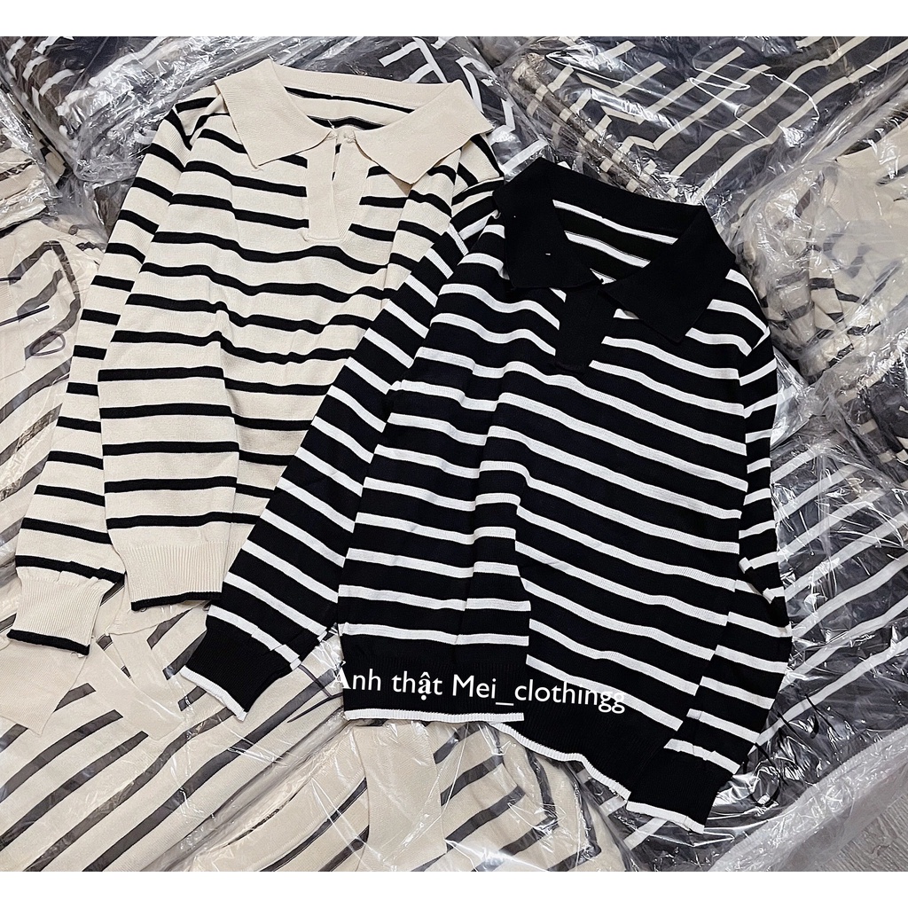 [Ảnh thật/video] Áo len tăm nữ dài tay/ Áo polo kẻ sọc ulzzang | BigBuy360 - bigbuy360.vn