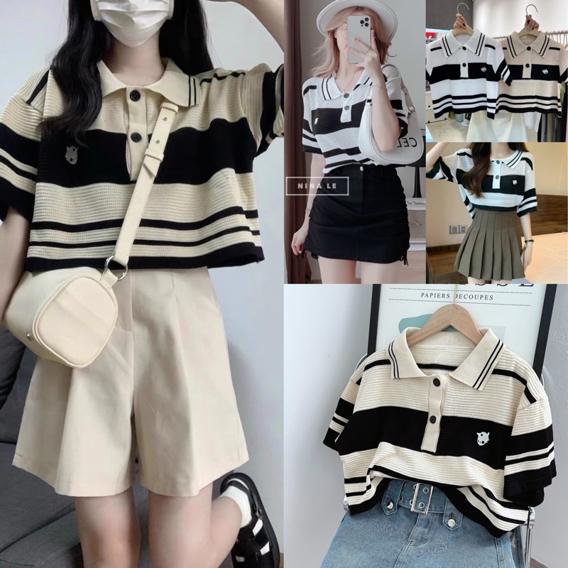 [Ảnh thật/Video] Áo mongtogi Cổ polo kẻ ngang màu Trắng trẻ trung  Áo len sọc ngang hàn quốc