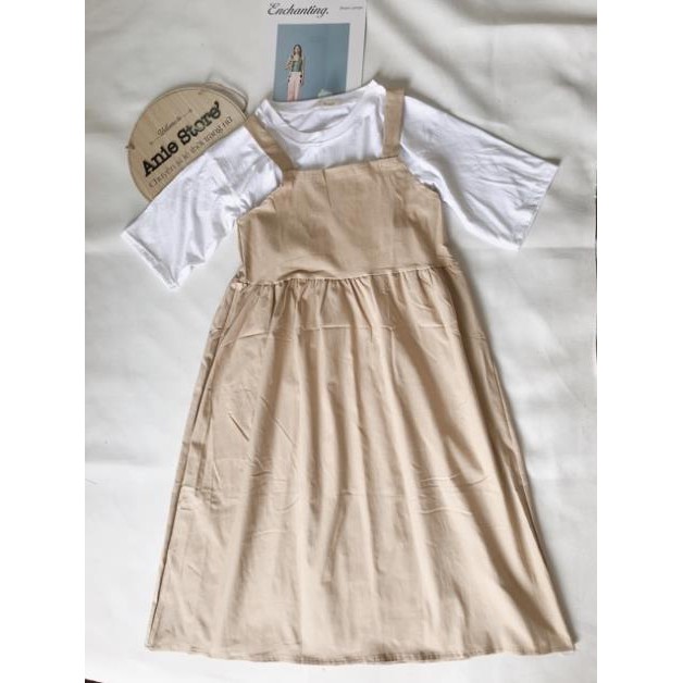 Bộ Yếm Kaki Màu Be Dài Kèm Áo Thun Cotton 🦋 Sét Yếm Nữ Áo Thun Dáng Rộng 🦋