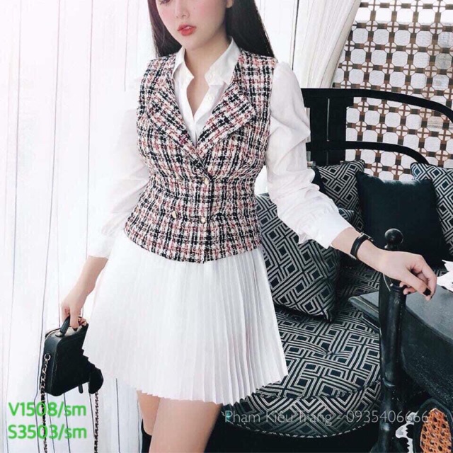 Thanh lý: Set váy xoè sơ mi + Áo gile dạ size S