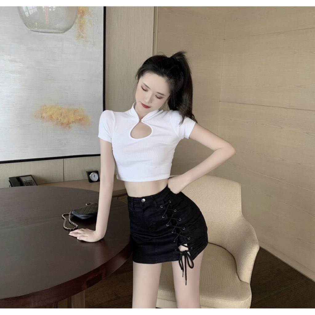 ÁO CROPTOP CỔ GIỌT LỆ ĐEN TRẮNG TÍM - ÁO THUN CROP KHOÉT NGỰC TAY NGẮN -