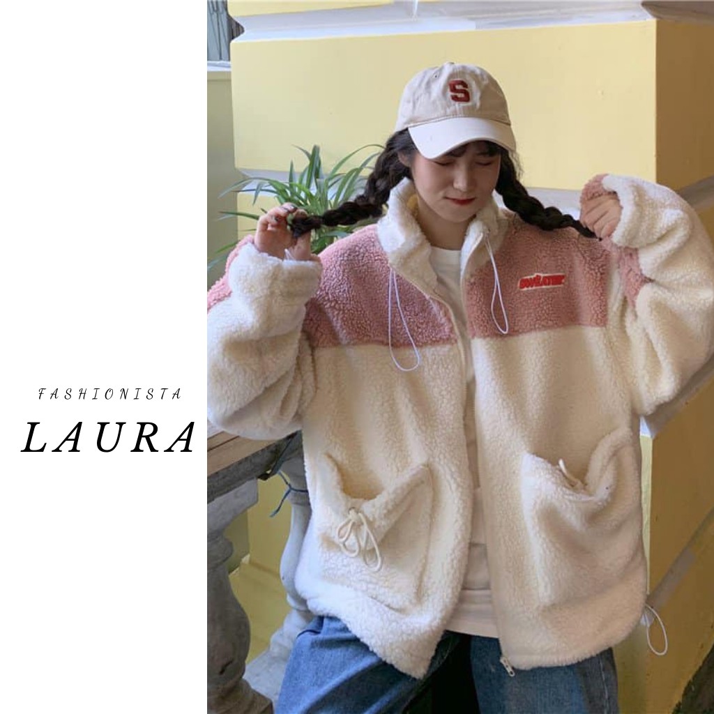 Áo khoác lông màu hồng đất phối vai Laura Boutique - Áo khoác form rộng dáng dài siêu xinh | BigBuy360 - bigbuy360.vn