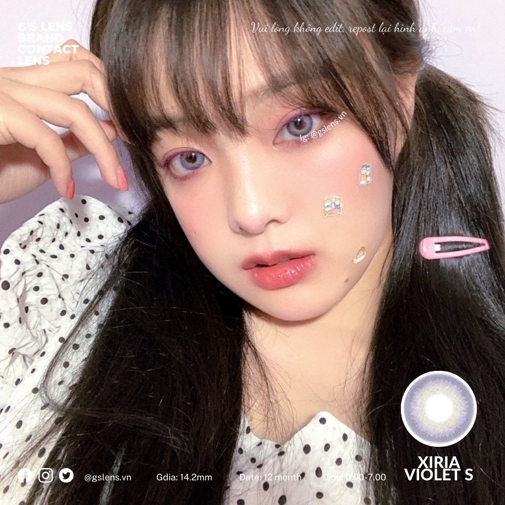 Lens Mắt Kính Áp Tròng Tím Tây Xiria Violet Giãn Ít Có Từ 0 Đến 7 Độ Lệch Độ Siz.e S 14.2 mm