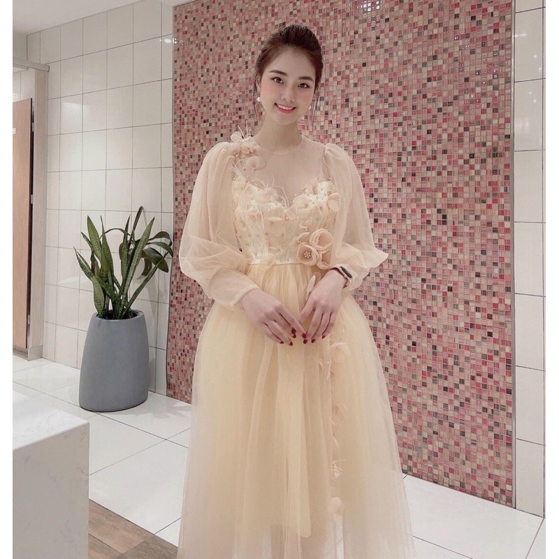 Đầm xoè tay phồng kết hoa phối lông công