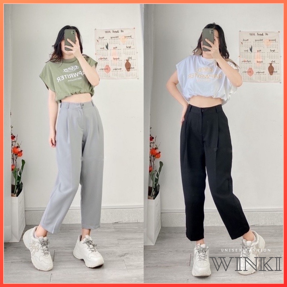 Quần tây baggy ống rộng lưng cao - Quần vải công sở chất tuyết mưa dày dặn, 2 màu Đen và Xanh Ghi