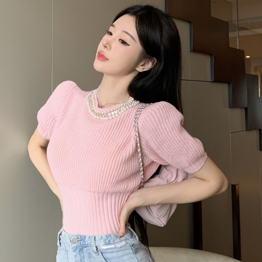 Áo kiểu dáng ngắn tay phồng thời trang mùa hè màu hồng ngọt ngào dành cho nữ