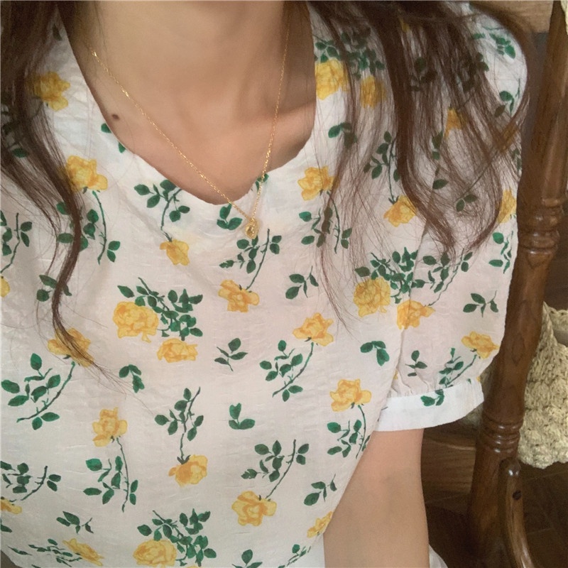 Áo Sơ Mi Nữ Tay Ngắn In Hoa Thời Trang Hàn Quốc