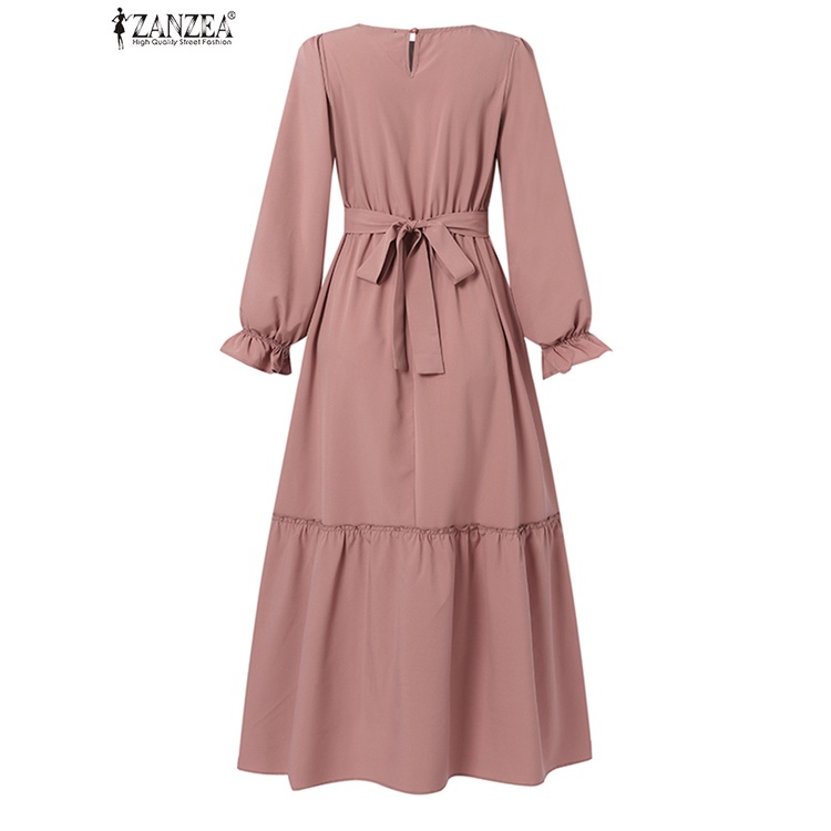 Đầm maxi ZANZEA dài tay phối bèo nhún màu trơn cho phụ nữ hồi giáo