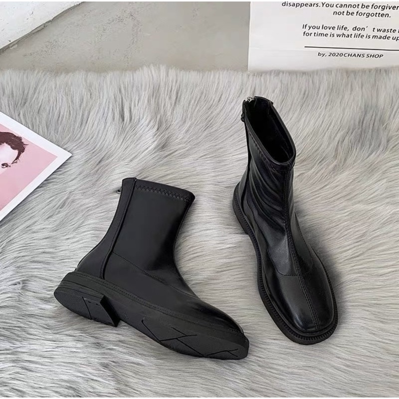 Giày Boot Cổ Cao Ulzzang Đế Bằng Mũi Vuông Khóa Sau Cùng Lớp Lót Siêu Ấm Siêu Thời Trang Cho Nữ