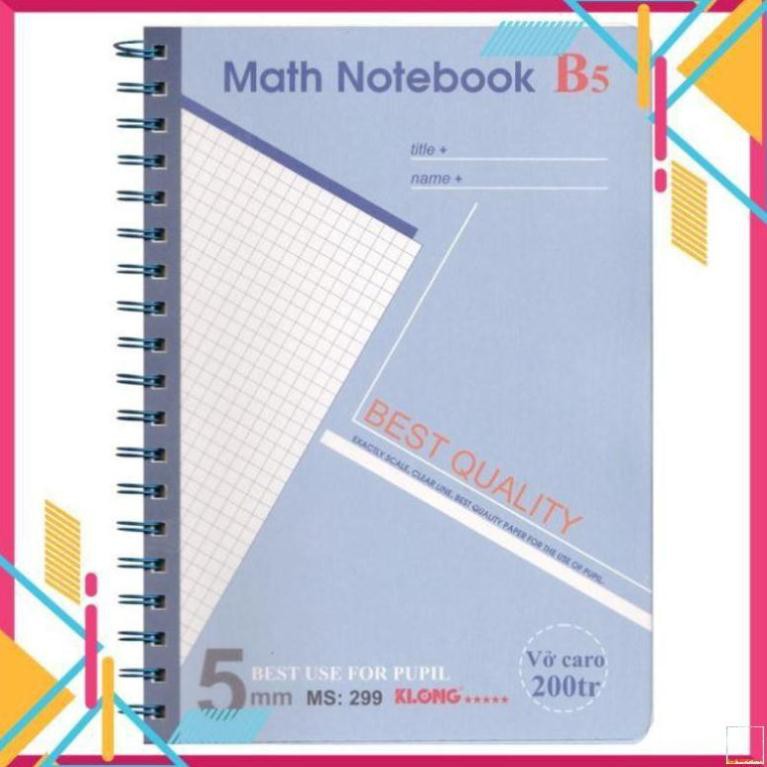 [Sổ vở đẹp] Sổ KLONG Caro Math Notebook lò xo kép B5 bìa nhựa 200tr 72,4g fo kem; MS: 299 []