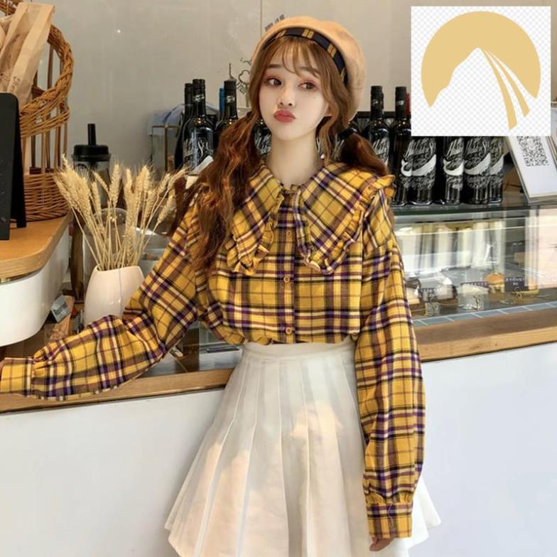Áo sơ mi kẻ sọc caro kiểu cổ viền bèo dễ thương, áo sơ mi bánh bèo tiểu thư ulzzang